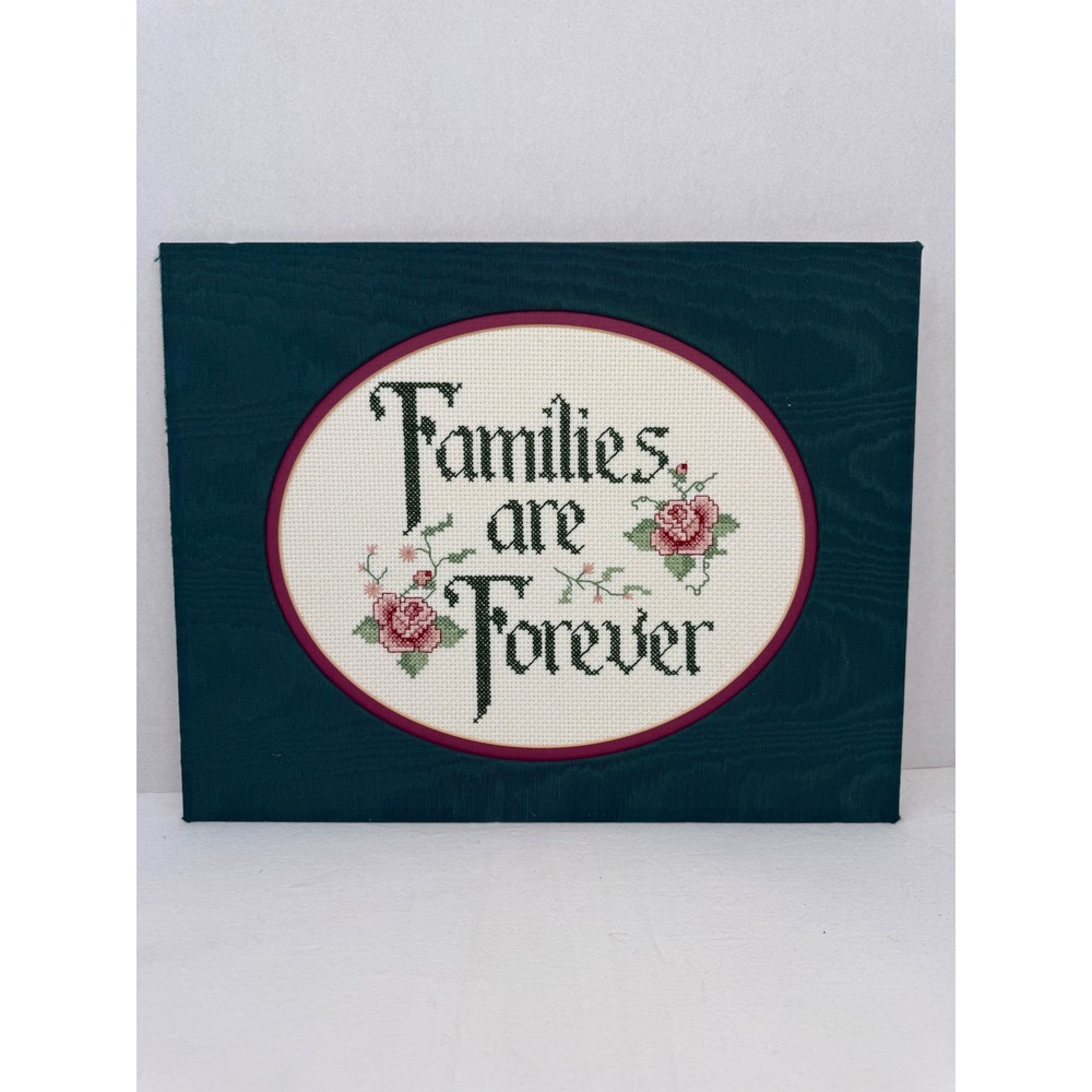 Vintage Granny Cottage Core Families Are Forever Cross Stitch Wall Art Teal Mat